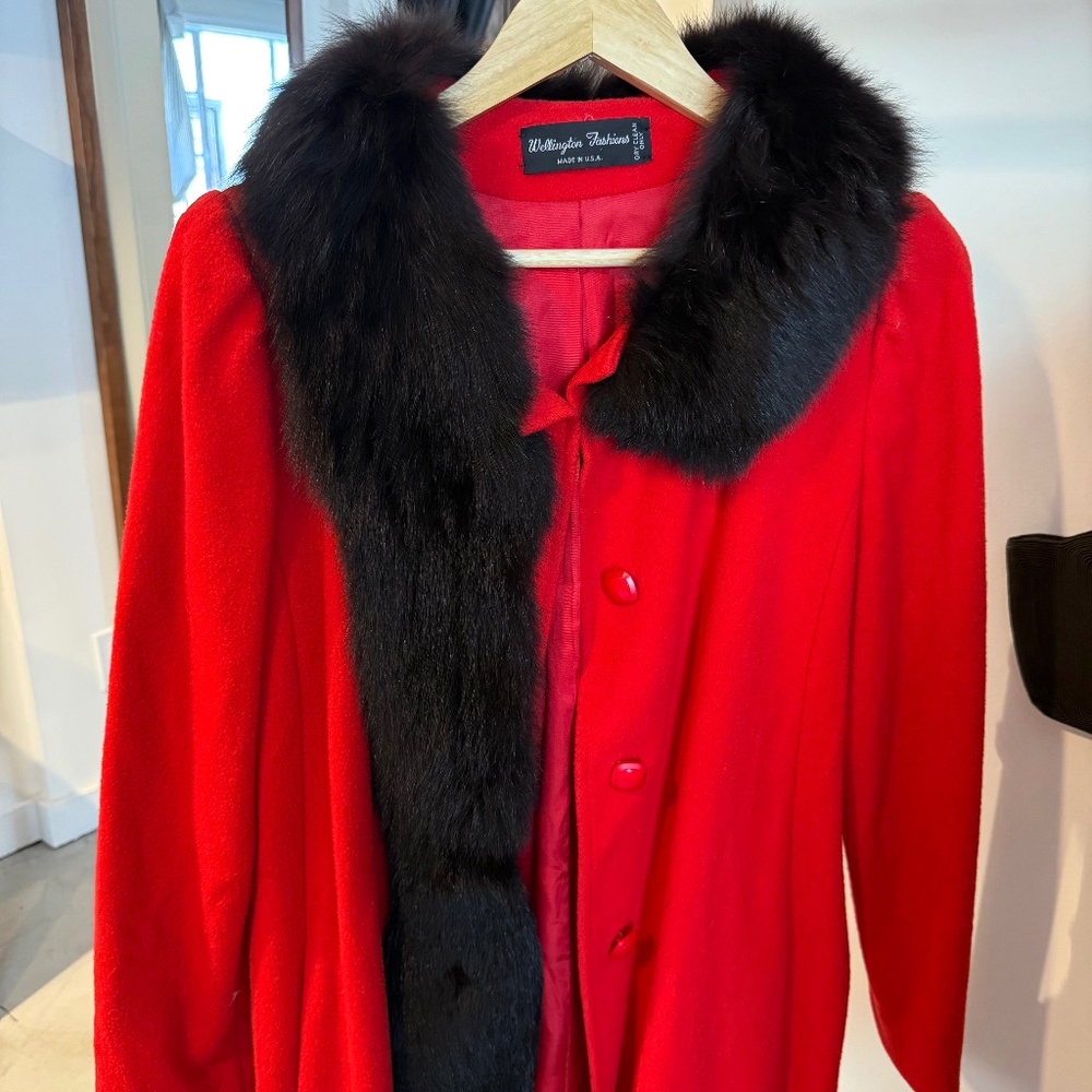 Vintage Red Coat with Fox Fur Draped Collar